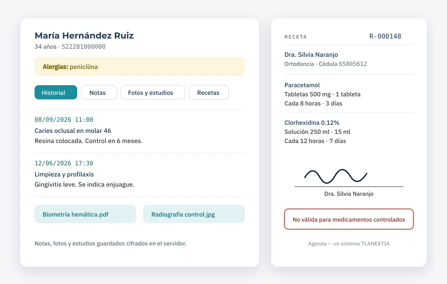 Expediente clínico dental con historial y receta firmada